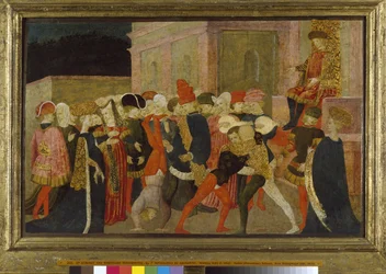 Un acrobate et des lutteurs en représentation, 15ème siècle (tempera sur panneau)